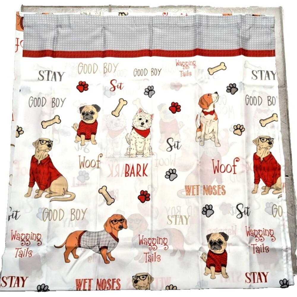 Dogs Fabric Shower Curtain Polyester 72-in Sq. Good Boy Bark Woof Bath Gift NEW